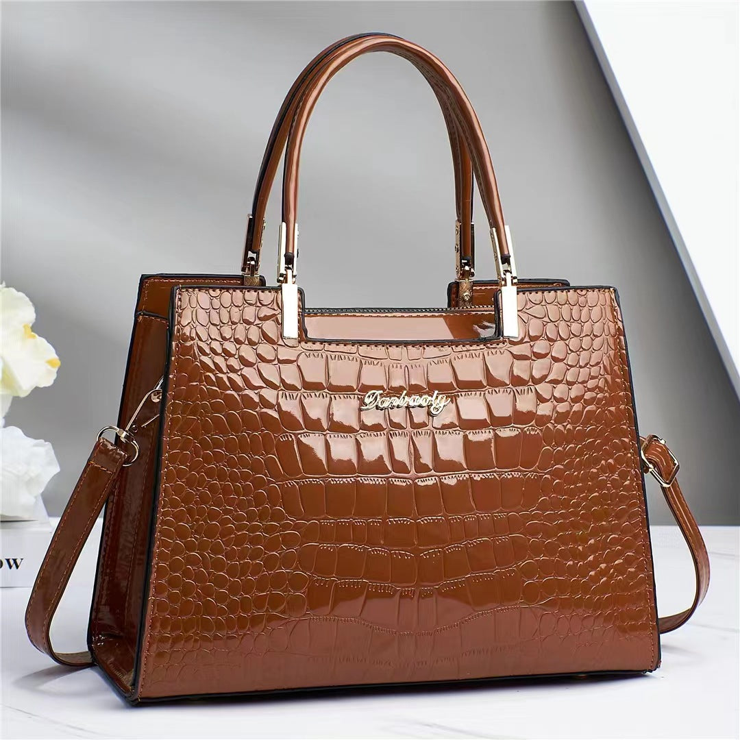 Glossy Crocodile-Pattern Handbag