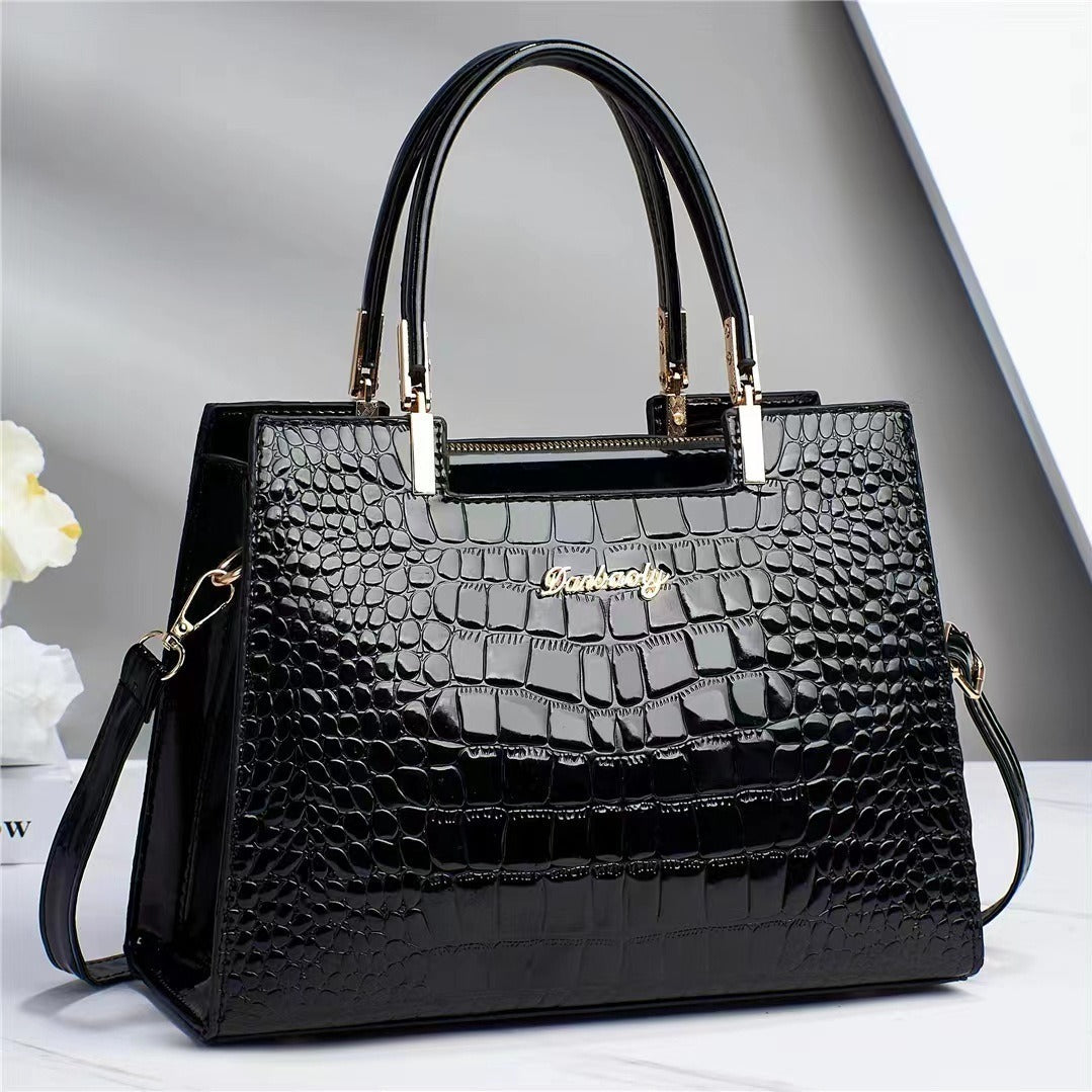 Glossy Crocodile-Pattern Handbag