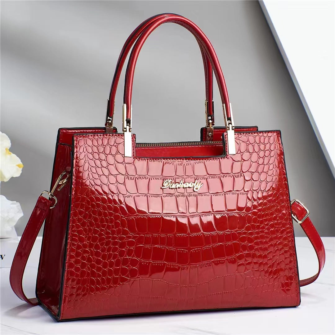 Glossy Crocodile-Pattern Handbag