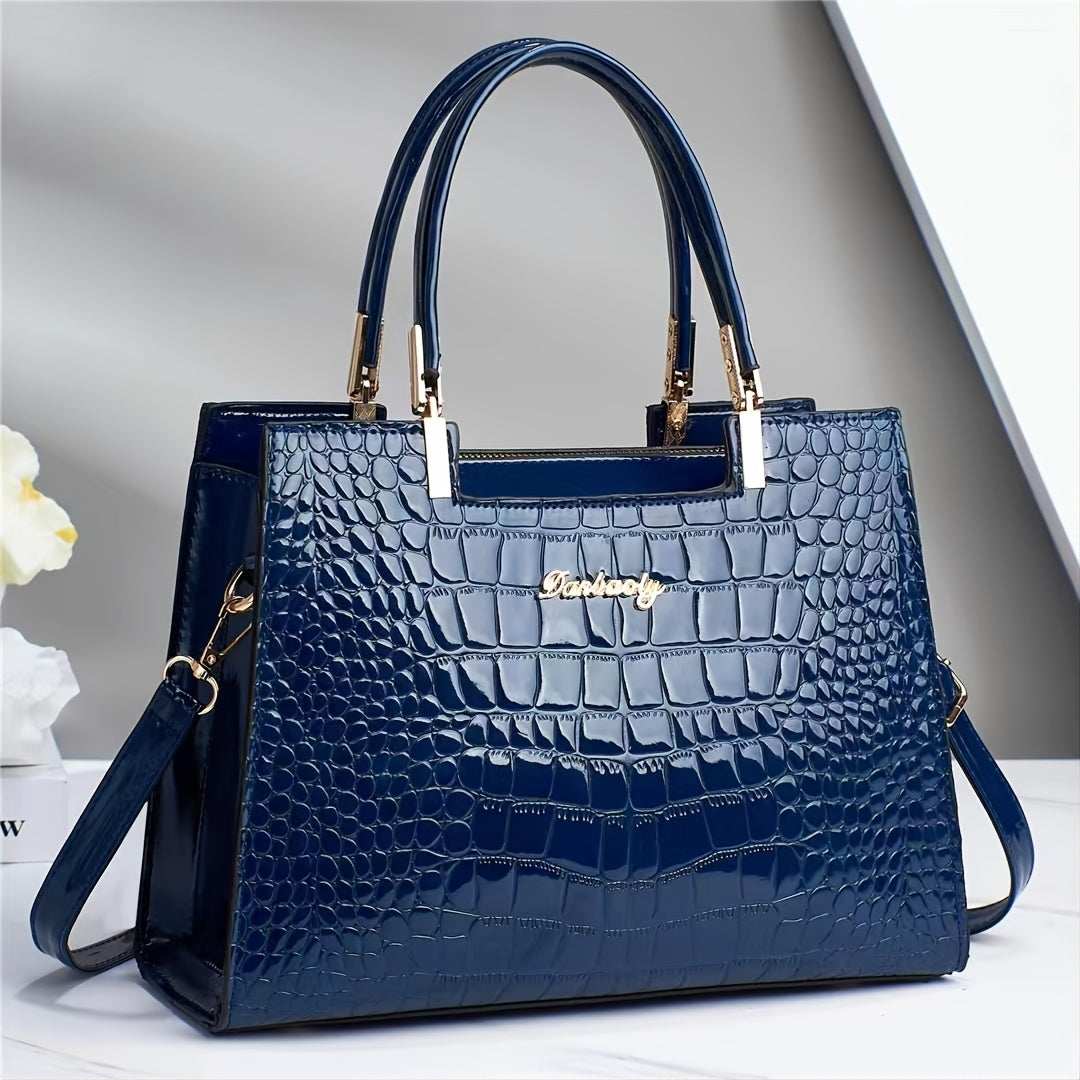 Glossy Crocodile-Pattern Handbag