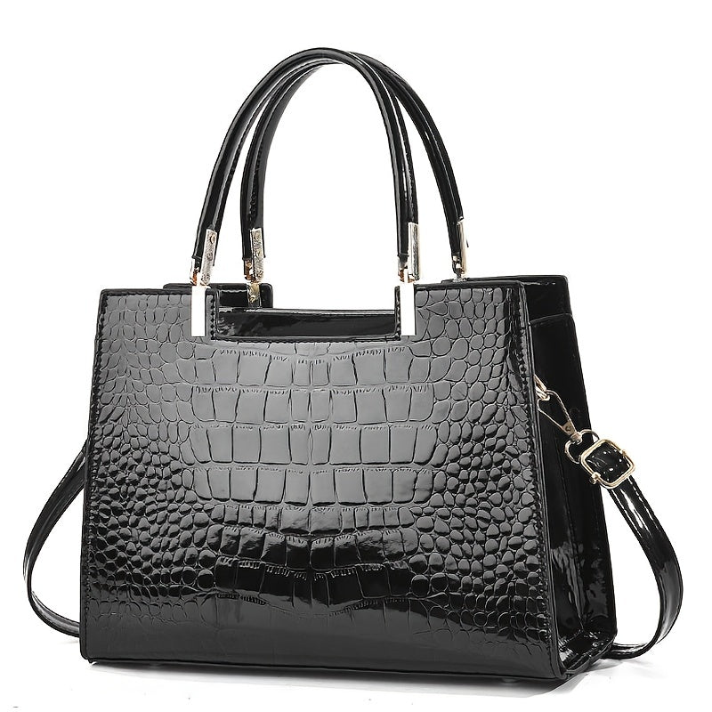 Glossy Crocodile-Pattern Handbag