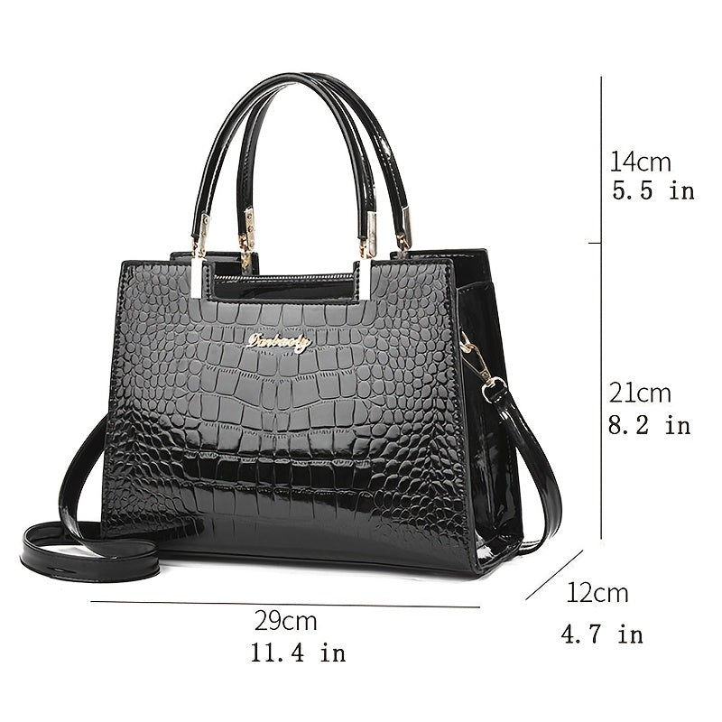 Glossy Crocodile-Pattern Handbag